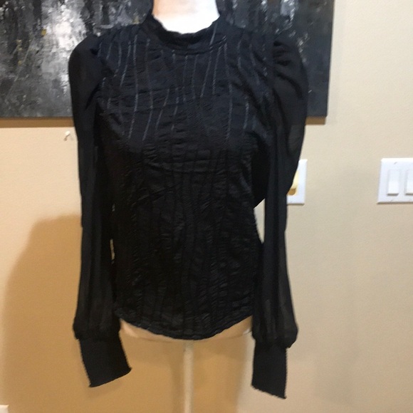Nicole Miller Mock Neck Sheer Puffed Long Sleeved Blouse w/Snap Closure-Sz L - Picture 1 of 10